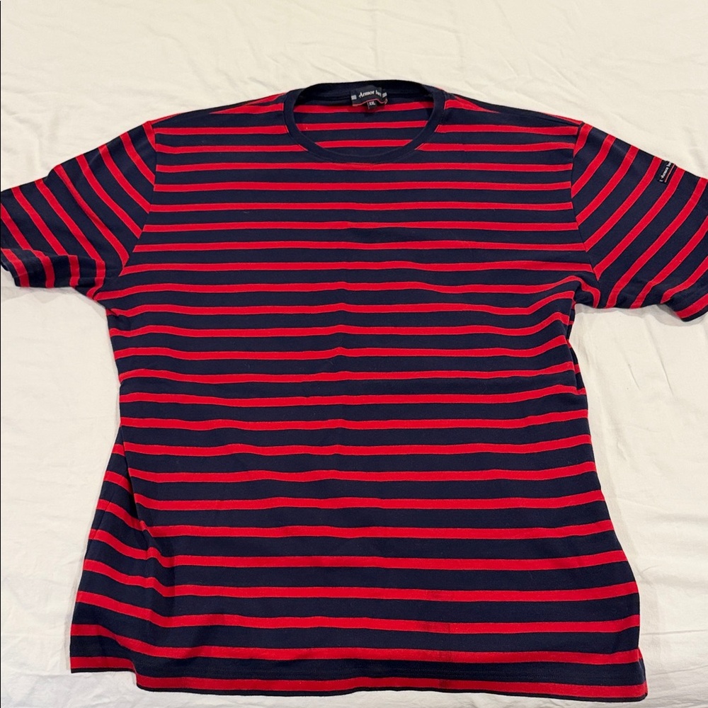 Armor Lux Red and Navy Striped Short Sleeve Tee